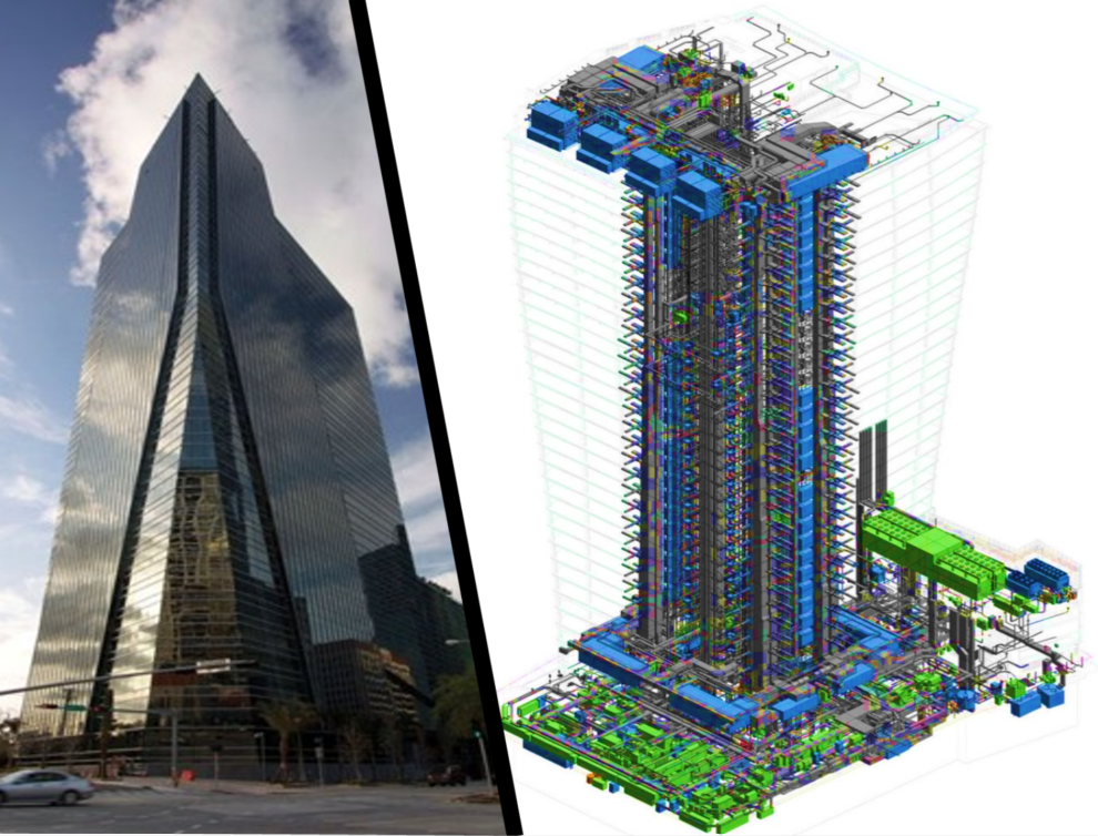 Side by side images of BIM design and completed Building